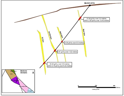 Figure 2: SB-2021-077A cross section with vein intersections and grade. (CNW Group/Talisker Resources Ltd)