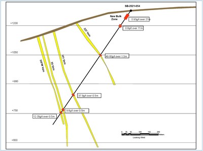 Figure 2: SB-2021-054 cross section intersecting the 227 vein, 101 vein, the 55 vein and the 55FW vein hosted within Diorite. (CNW Group/Talisker Resources Ltd)