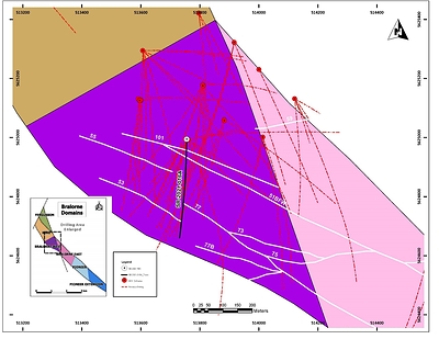 Figure 3: Overview map showing Bralorne West, the drill hole included in this press release, major gold-bearing quartz veins (gray) and associated bounding fault structures. (CNW Group/Talisker Resources Ltd)