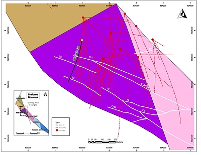 Figure 2: Overview map showing drill hole trace of SB-2021-020, vein strike projections and previously released drill traces. (CNW Group/Talisker Resources Ltd)