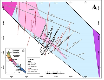Figure 2: Overview map showing seven zones that comprise the Bralorne Gold Project, the Charlotte Zone, the drill hole included in this press release, major gold-bearing quartz veins (gray) and associated bounding fault structures. (CNW Group/Talisker Resources Ltd)