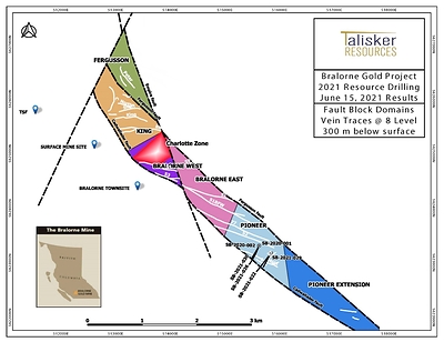 Figure 1: Map showing 7 zones that comprise the Bralorne Project, the Charlotte Zone, drill holes included in this press release, major gold-bearing quartz veins (white) and associated bounding structures, surface infrastructure and details of Talisker’s current 100,000 metre resource drilling program. (CNW Group/Talisker Resources Ltd)