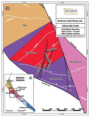 Figure 3: Map of the Bralorne West and Bralorne East Zones at the Bralorne Gold Project (see Figure 1) showing drill traces from today’s release, major high-grade vein structures projected to surface (white) and surface infrastructure. (CNW Group/Talisker Resources Ltd)