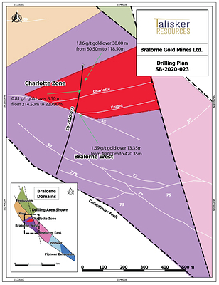 Figure 1: Map of the Bralorne Gold Project showing drill traces from today’s release, major high-grade vein structures projected to surface (white) and surface infrastructure. (CNW Group/Talisker Resources Ltd)