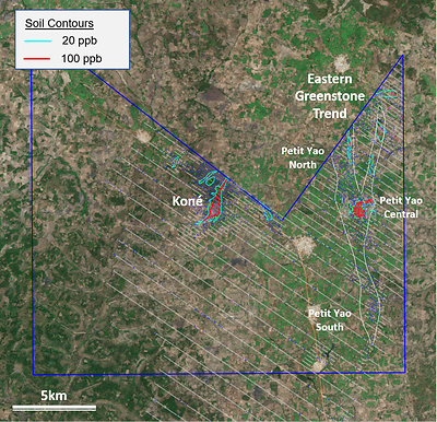 Figure 1: Koné Exploration License with Petit Yao Target Areas Highlighted (CNW Group/Montage Gold Corp)