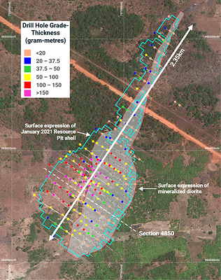 Figure 2: Drill hole plan view map showing grade-thickness. (CNW Group/Montage Gold Corp)