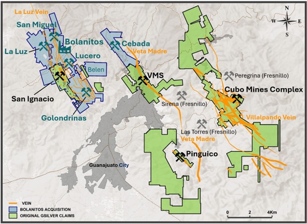 Figure 1: Map of the Guanajuato Mining District showing the main epithermal veins and other significant geological structures. Bolanitos is located along the La Luz Vein structure.