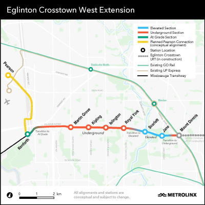 Map of the Eglinton Crosstown West Extension. (CNW Group/Aecon Group Inc.)