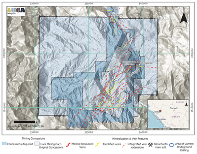 Figure 1: Tahuehueto Surface Map Showing Acquired Ground (Blue) and Known and Interpreted Veining (CNW Group/Luca Mining Corp.)