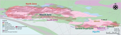 Figure 3: Plan view map of Duparquet geology and mineral resource with main targets around the project core area, showing A-A’ long section line on Figure 1 (CNW Group/First Mining Gold Corp.)