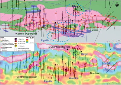 Figure 2: Plan view map, highlighting the Miroir target area and multiple significant near-surface assay results, and showing the 2nd vertical derivative magnetics geophysical product and newly interpreted fold at the Miroir area. (CNW Group/First Mining Gold Corp.)