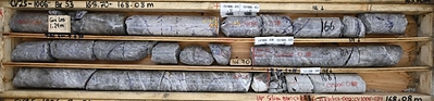 Figure 4: Massive pollucite mineralization in drill hole CV25-1006 from the Vega Zone. Core grades 2.2 m at 26.48% Cs2O (165.7 m to 167.8 m), including 1.0 m at 29.79% Cs2O, within a wider mineralized interval of 5.5 m at 14.83% Cs2O (162.3 m to 167.8 m) (CNW Group/PMET Resources Inc.)