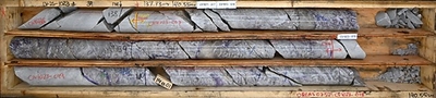 Figure 3: Large pollucite crystals in drill hole CV25-1023 from the Vega Zone. Core grades 3.0 m at 23.63% Cs2O (from 138.1 m to 141.1 m) within a wider mineralized interval of 18.2 m at 7.13% Cs2O (138.1 m to 156.2 m) (CNW Group/PMET Resources Inc.)