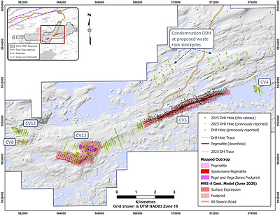 Figure 1: Drill holes completed through 2025 at the Shaakichiuwaanaan Property. (CNW Group/PMET Resources Inc.)