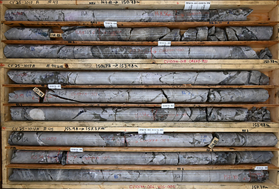 Figure 5: Abundant, large, and near-inclusion free spodumene crystals in drill hole CV25-1017A from the Vega Zone at the CV13 Pegmatite. Core grades 7.0 m at 6.04% Li2O (from 150.3 m to 157.3 m) within a wider mineralized interval of 24.7 m at 4.00% Li2O (146.0 m to 170.7 m). (CNW Group/PMET Resources Inc.)