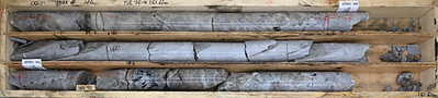 Figure 4: Massive and near-inclusion free spodumene in drill hole CV25-1023 from the Vega Zone at the CV13 Pegmatite. Core grades 1.1 m at 7.32% Li2O (from 159.6 m to 160.7 m) within a wider mineralized interval of 31.2 m at 2.07% Li2O (133.4 m to 164.6 m). At 7.32% Li2O, this is the second highest grade of lithium returned from an individual core sample collected to date at the Property. (CNW Group/PMET Resources Inc.)