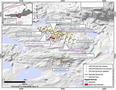 Figure 4: Drill holes completed through 2025 at the CV12 Pegmatite and CV8 Pegmatite. (CNW Group/PMET Resources Inc.)