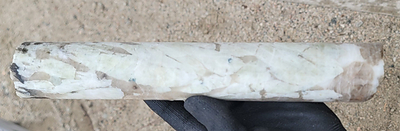 Figure 3: Large spodumene crystals in drill hole CV25-942 at ~351 m depth (core length) at the CV4 Pegmatite. Core graded 1.4 m at 2.22% Li2O over sample interval (350.2 m to 351.6 m). (CNW Group/PMET Resources Inc.)