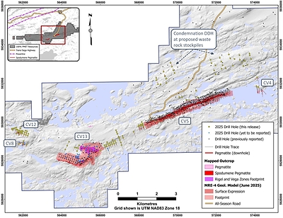 Figure 1: Drill holes completed through 2025 at the Shaakichiuwaanaan Property. (CNW Group/PMET Resources Inc.)