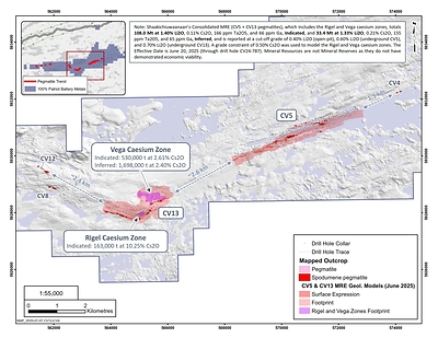 Figure 1: Plan view footprints of the Vega and Rigel caesium zone geological models based on a 0.5% Cs2O grade constraint within the wider CV13 Pegmatite body. (CNW Group/Patriot Battery Metals Inc.)