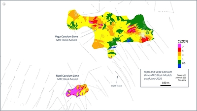 Figure 5: Plan view of the Rigel and Vega caesium zones at the CV13 Pegmatite. (CNW Group/Patriot Battery Metals Inc.)