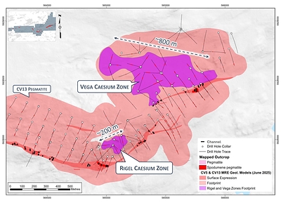 Figure 21: Diamond drill hole and channel locations at the CV13 Spodumene Pegmatite, which form the basis of the Caesium Zone MRE. (CNW Group/Patriot Battery Metals Inc.)