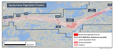 Figure 19: Spodumene pegmatite clusters at the Property discovered to date. (CNW Group/Patriot Battery Metals Inc.)