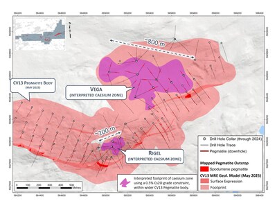 Figure 2: Interpreted footprints of the Vega and Rigel caesium zones based on a 0.5% Cs2O grade constraint within the wider CV13 Pegmatite body. (CNW Group/Patriot Battery Metals Inc.)