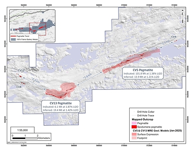 Figure 4: Extent of the Shaakichiuwaanaan MRE with respect to the spodumene pegmatite clusters in the area, highlighting potential for resource growth. CV5 and CV13 remain open in multiple directions. (CNW Group/Patriot Battery Metals Inc.)