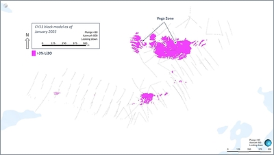 Figure 27: Plan view of the CV13 Spodumene Pegmatite block model, highlighting the Vega Zone, with >3% Li2O blocks presented. (CNW Group/Patriot Battery Metals Inc.)