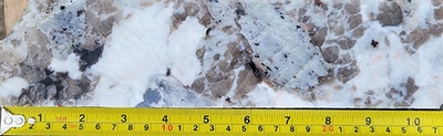 Figure 32: Drill core from CV5 (hole CV23-166A at depth of ~15 m) showing spodumene hosted within a quartz-feldspar pegmatite with accessory muscovite. No assay available as sample collected from within overburden (interpreted as frost heave). Visual estimates of mineral abundance should never be considered a proxy or substitute for laboratory analyses where concentrations or grades are the factor of principal economic interest. Visual estimates also potentially provide no information regarding impurities or deleterious physical properties relevant to valuations. (CNW Group/Patriot Battery Metals Inc.)