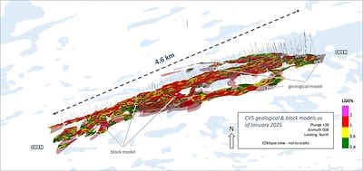 Figure 14: Oblique view of the CV5 Spodumene Pegmatite block model (unconstrained) overlaid with geological model (semi-transparent light red). (CNW Group/Patriot Battery Metals Inc.)