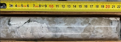 Figure 34: Spodumene pegmatite drill core from CV13 (hole CV24-524 at depth of ~159 m). Length of core in photo collected from interval grading 1.58% Li2O over 1.3 m. (CNW Group/Patriot Battery Metals Inc.)