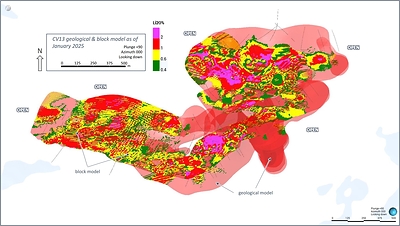 Figure 23: Plan view of the CV13 Spodumene Pegmatite block model (unconstrained) overlaid with geological model (semi-transparent light red). (CNW Group/Patriot Battery Metals Inc.)