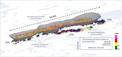Figure 15: Oblique view of the CV5 Spodumene Pegmatite block model with respect to applied open-pit and underground conceptual mining constraint shapes. (CNW Group/Patriot Battery Metals Inc.)