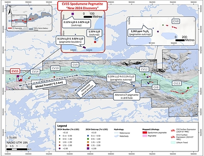 Figure 2: New spodumene pegmatite cluster (CV15) extends the prospective Mickel Trend to ~5.5 km. Only 2024 surface sampling results are presented. (CNW Group/Patriot Battery Metals Inc.)