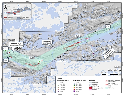 Figure 7: Highly prospective areas for spodumene pegmatite based on recent boulder sampling results. Only 2024 surface sampling results are presented. (CNW Group/Patriot Battery Metals Inc.)