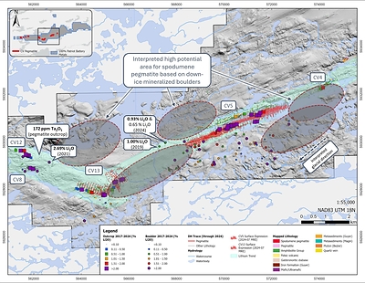 Figure 6: Highly prospective areas for spodumene pegmatite based on recent boulder sampling results. Cumulative surface sampling results since 2017 are presented. (CNW Group/Patriot Battery Metals Inc.)