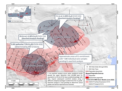 Figure 1: Areas of significant cesium enrichment, with approximately 100 individual core samples pending overlimit analysis (>1% Cs). (CNW Group/Patriot Battery Metals Inc.)
