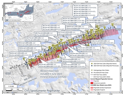 Figure 1: Drill holes completed at the CV5 Spodumene Pegmatite through April 2024. (CNW Group/Patriot Battery Metals Inc.)