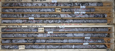Figure 7: Spodumene pegmatite drill intercept from the drill hole CV24 497 at CV13, averaging approximately 1.3% Li2O over interval presented (156.3 m to 164.8 m). (CNW Group/Patriot Battery Metals Inc.)
