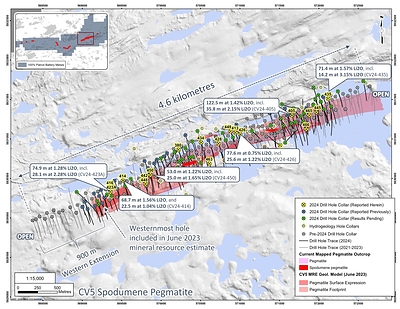 Figure 1: Drill holes completed at the CV5 Spodumene Pegmatite through April 2024. (CNW Group/Patriot Battery Metals Inc.)