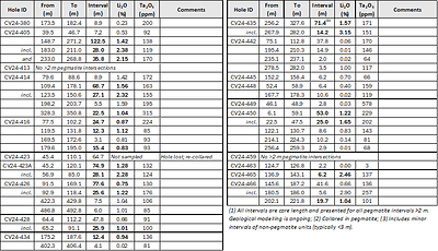 Table 1: Core assay summary for drill holes reported herein at the CV5 Spodumene Pegmatite. (CNW Group/Patriot Battery Metals Inc.)