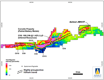 Figure 1: JBN-57 Location on Total Field Magnetic map. (CNW Group/Patriot Battery Metals Inc)