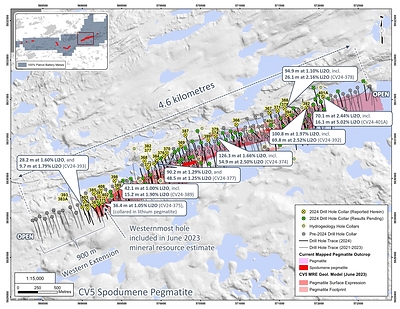 Figure 1: Drill holes completed at the CV5 Spodumene Pegmatite through April 2024. (CNW Group/Patriot Battery Metals Inc)