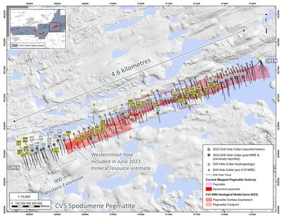 Figure 4: Drill holes completed at the CV5 Spodumene Pegmatite through 2023. (CNW Group/Patriot Battery Metals Inc)
