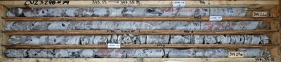 Figure 3: Centimetre to decimetre size spodumene crystals with feldspar and smoky quartz in drill hole CV23-298, at approximately 343 m to 347 m depth (down hole), grading 3+% Li2O over interval. (CNW Group/Patriot Battery Metals Inc)