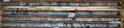 Figure 6: Centimetre to decimetre size spodumene crystals with feldspar and smoky quartz in drill hole CV23-285, at approximately156 m to 161 m depth (TOP) and 166 m to 168 m depth (BOTTOM), grading 3+% Li2O over the respective interval. (CNW Group/Patriot Battery Metals Inc)