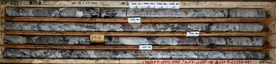 Figure 8: Centimetre to decimetre size spodumene crystals with feldspar and smoky quartz in drill hole CV23-295. From 269.1 m to 271.4 m core grades 3.4% Li2O. (CNW Group/Patriot Battery Metals Inc)