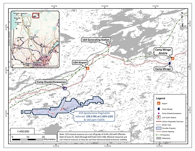 Figure 1: Corvette Project, CV5 Spodumene Pegmatite, and regional infrastructure (CNW Group/Patriot Battery Metals Inc)